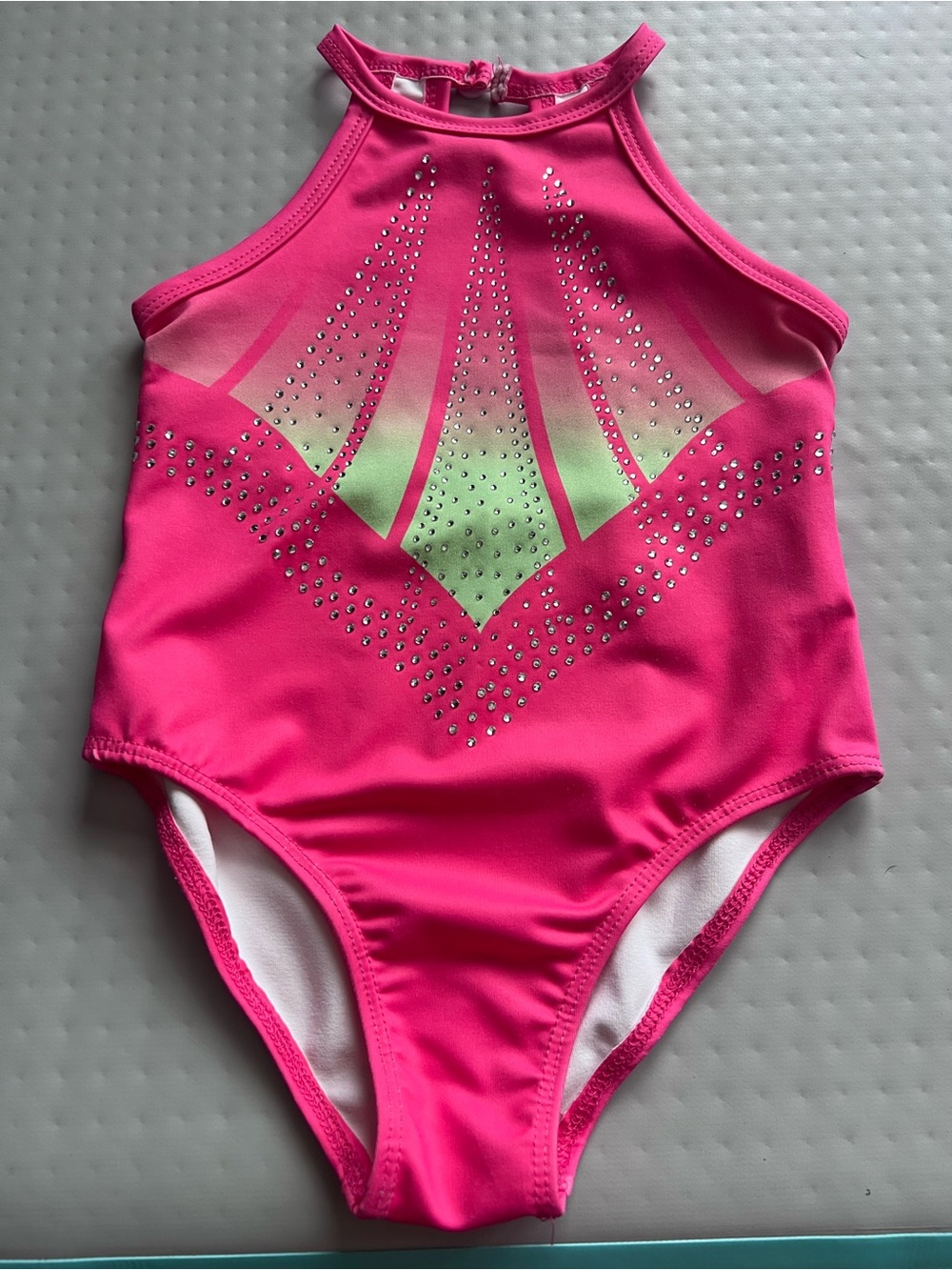 SHEIN Hot Pink One-Piece Swimsuit with Lime Accent and Rhinestones